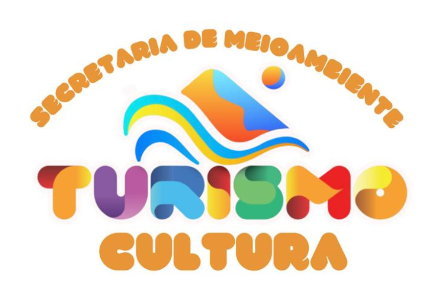 Logo da Secretaria de Meio Ambiente e Turismo de Ponte Alta do Bom Jesus, com as palavras “SECRETARIA DE MEIOAMBIENTE” no topo, escritas em letras arredondadas e na cor laranja dourado. Abaixo, em cores vibrantes, está a palavra “TURISMO”, com as letras coloridas nas cores verde menta, roxo lavanda, azul celeste, azul profundo, e verde folha. O gráfico apresenta uma onda estilizada e uma montanha com elementos fluidos nas cores verde menta, azul celeste e lavanda.