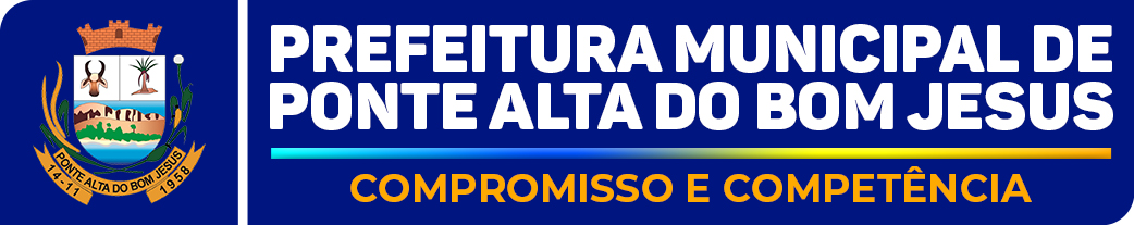 Logo da Prefeitura Municipal de Ponte Alta do Bom Jesus, com o brasão da cidade à esquerda. O brasão contém uma coroa de ouro no topo, dois pássaros estilizados, montanhas, um rio e vegetação. À direita, o nome “PREFEITURA MUNICIPAL DE PONTE ALTA DO BOM JESUS” em letras brancas, seguido do slogan “COMPROMISSO E COMPETÊNCIA” em laranja. A parte inferior é adornada com uma linha gradiente nas cores azul, verde, amarelo e laranja.