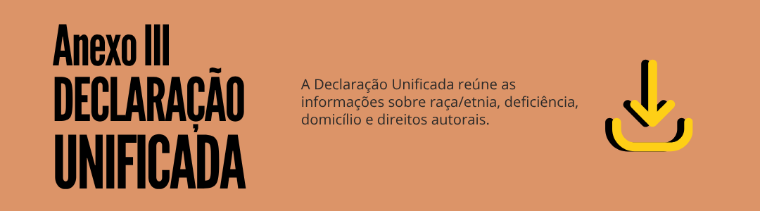 Banner digital com fundo laranja e texto: “Anexo V. Declaração de Representante de Coletivo. Se você está inscrevendo um projeto em nome de um grupo ou coletivo, precisará preencher essa declaração. Ela confirma que você é o representante oficial do coletivo, responsável pela proposta e pelo cumprimento das regras do edital.” À direita, há um ícone de download. Clique na imagem para baixar o arquivo.