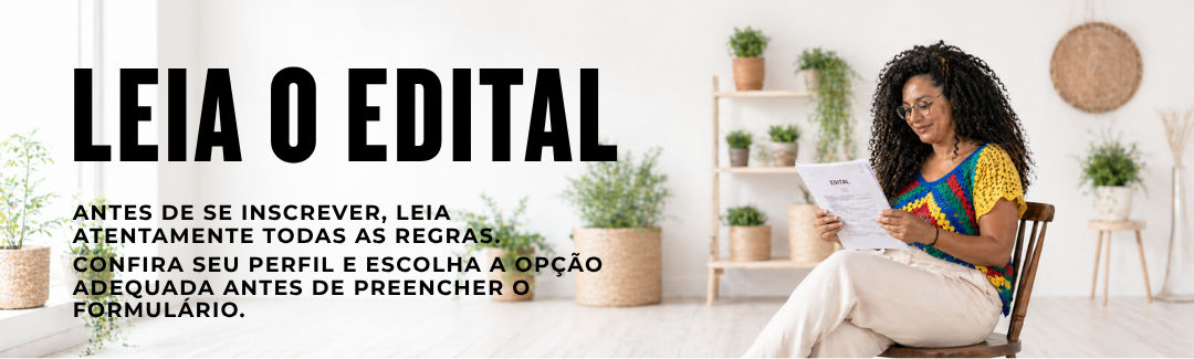 Banner informativo do Edital Trilhas Culturais – Edição Ponte Alta do Bom Jesus. À direita, uma mulher sentada lê um documento do edital em ambiente claro. À esquerda, aparece o texto: “Leia o Edital. Antes de se inscrever, leia atentamente todas as regras. Confira seu perfil e escolha a opção adequada antes de preencher o formulário.” Clique na imagem para acessar o edital.