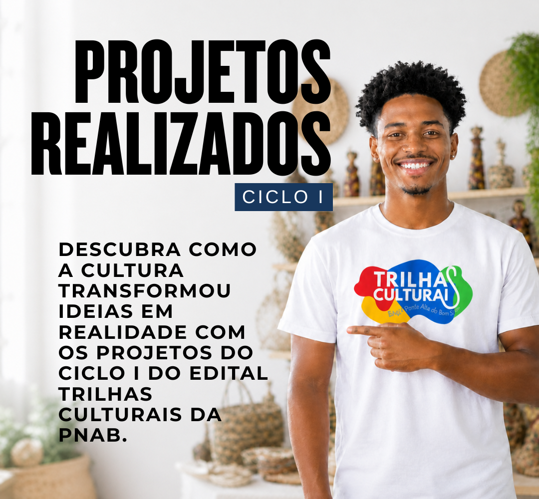 Card digital com o título “Projetos Realizados – Ciclo I”. À direita, jovem sorridente usa camiseta do Trilhas Culturais e aponta para a logomarca. À esquerda, o texto informa: “Descubra como a cultura transformou ideias em realidade com os projetos do Ciclo I do Edital Trilhas Culturais da PNAB.” Clique na imagem para acessar a página dos projetos realizados.